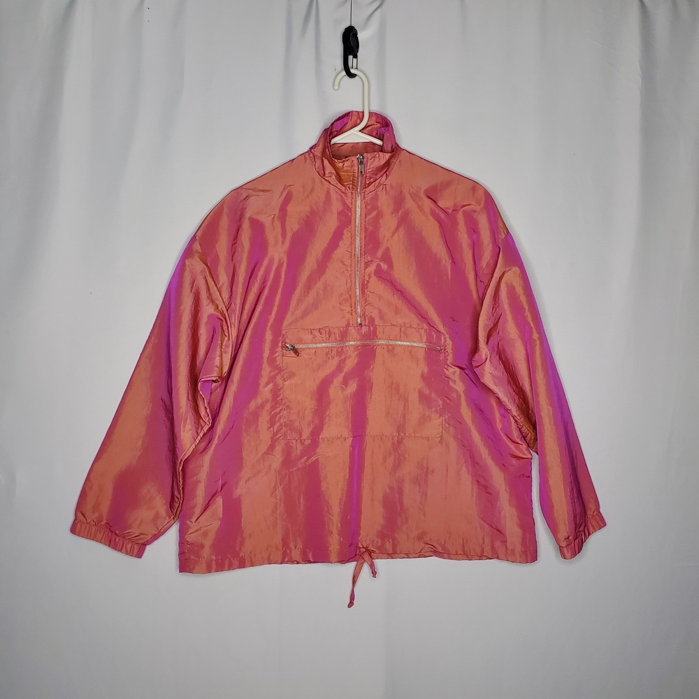 90s Vtg  Nylon Jacket Women Medium Color Changing Metallic Zip Kangaroo Surf 80s